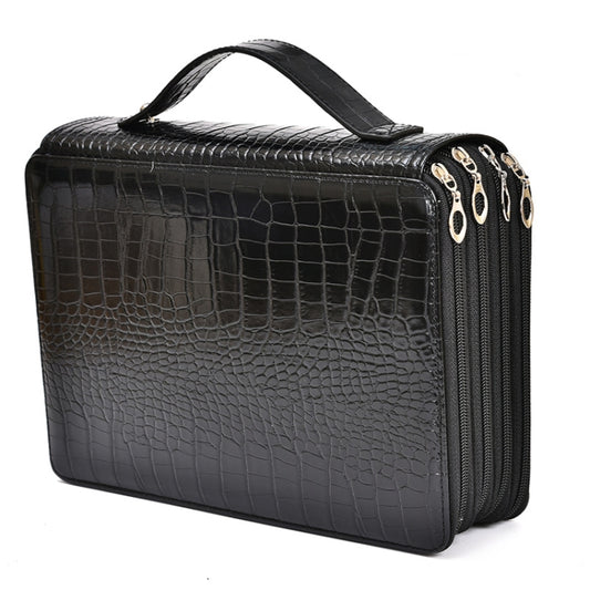 Crocodile-pattern PU pencil bag with handle, black, zippered front compartments