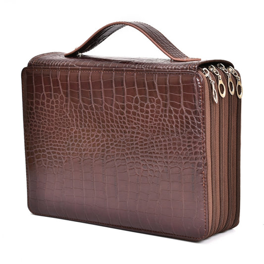 Crocodile-pattern PU pencil bag with handle, brown, zippered front compartments