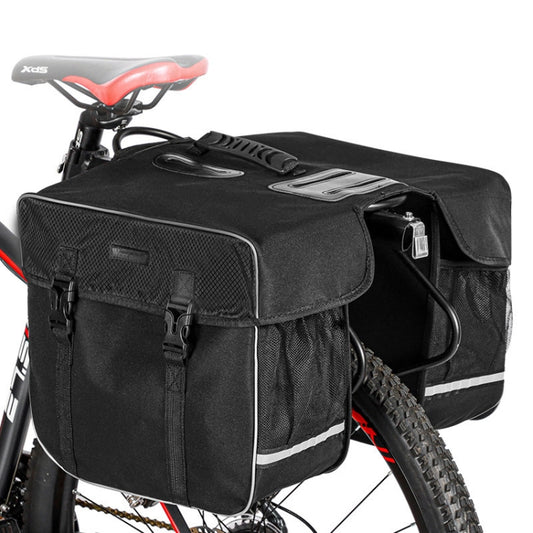 Black bicycle rear rack shelf bag with two compartments and top straps