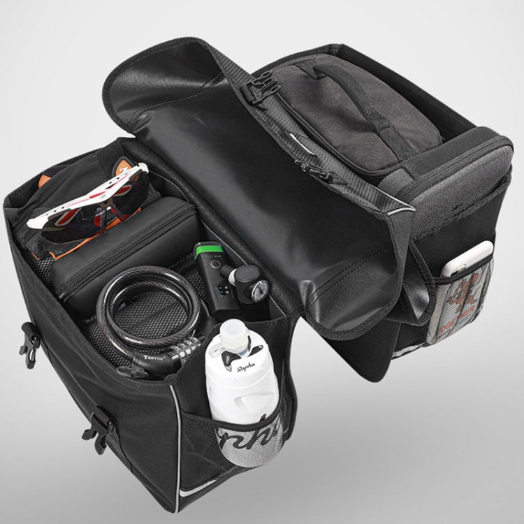 Black bicycle rack shelf bag open with organizer pockets for gear storage
