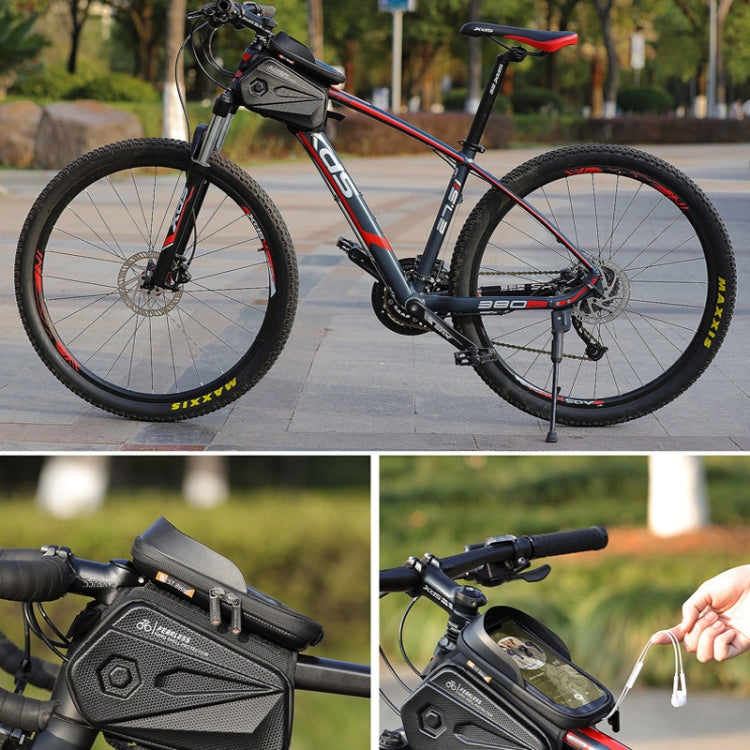 Hard shell front bike phone bag mounted on a mountain bike frame with screen window