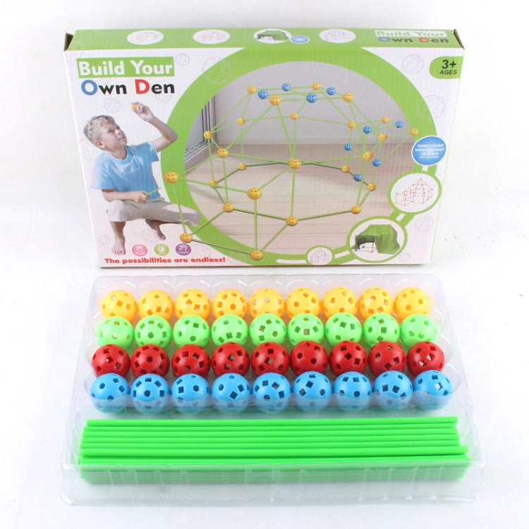 DIY play tent building set in box with green rods and colorful connector balls