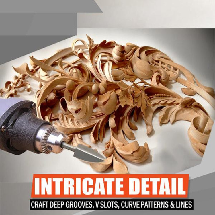 Wood carving detail engraved with pointed three-blade steel cutter bit