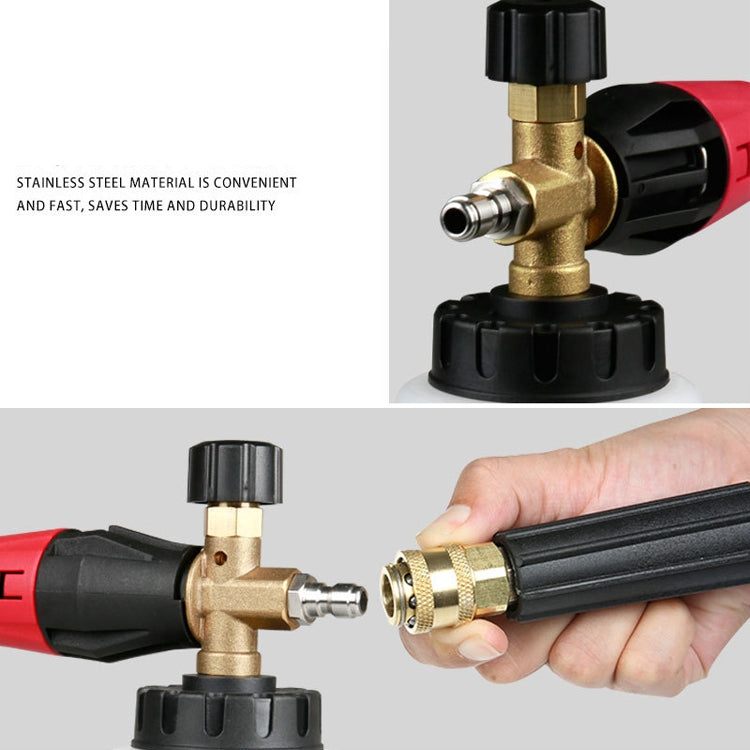 Foam gun brass and stainless fittings on red-and-black nozzle base, shown with hand-held tube