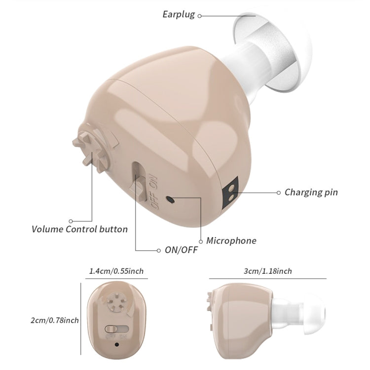 Beige in-ear sound amplifier with earplug, microphone, and volume control details