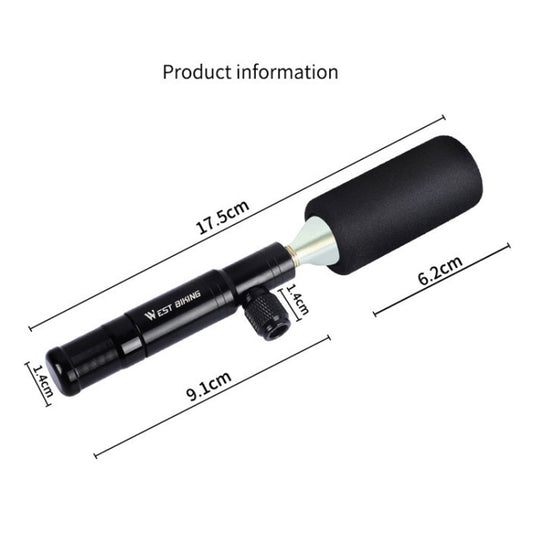 Black portable bicycle inflator tool with size measurements and end cap.