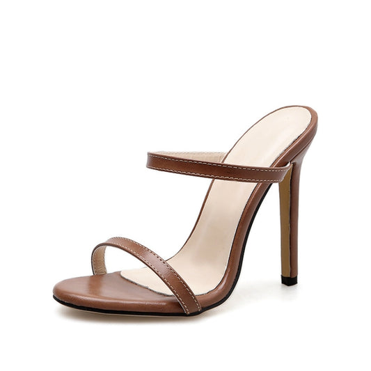 Brown open-toe strappy high-heel mule sandal with slim ankle strap