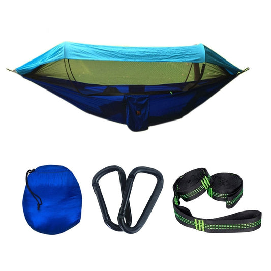 Blue hammock sunshade with mosquito netting, green mesh panels, and hanging strap set.