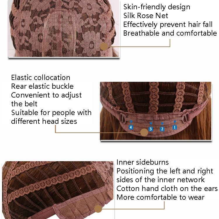 Rose-brown wig cap interior with elastic buckle and netting, shown with labeled features