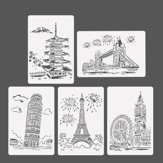 White painting stencil card with black pagoda tower line art