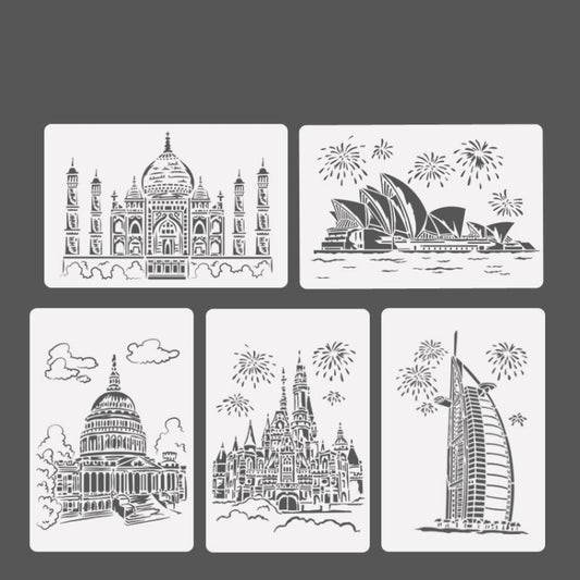 White painting stencil set of six cards with city landmark line art