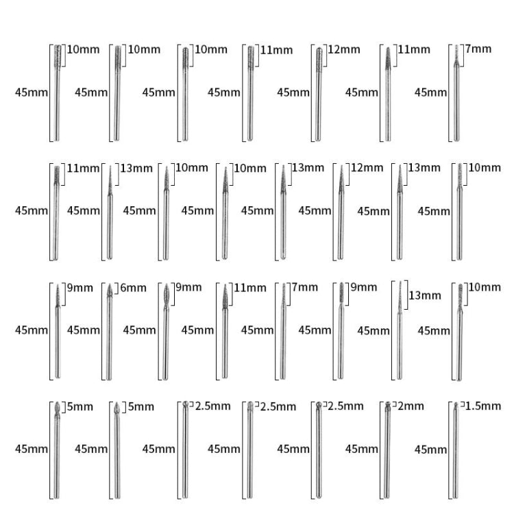 Diamond nail drill heads size chart showing multiple lengths and widths in mm