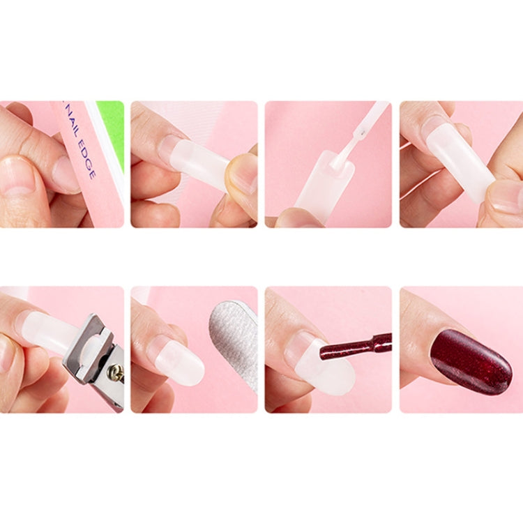 Press-on French nail tips being applied on fingers, white tip set in steps collage