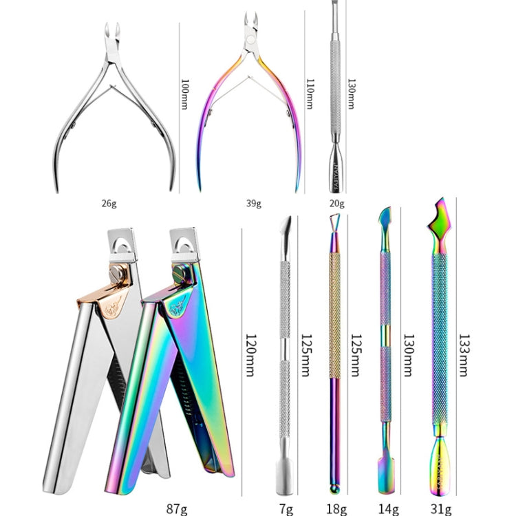 Assorted stainless steel and iridescent nail tools with clippers, scrapers, and pushers