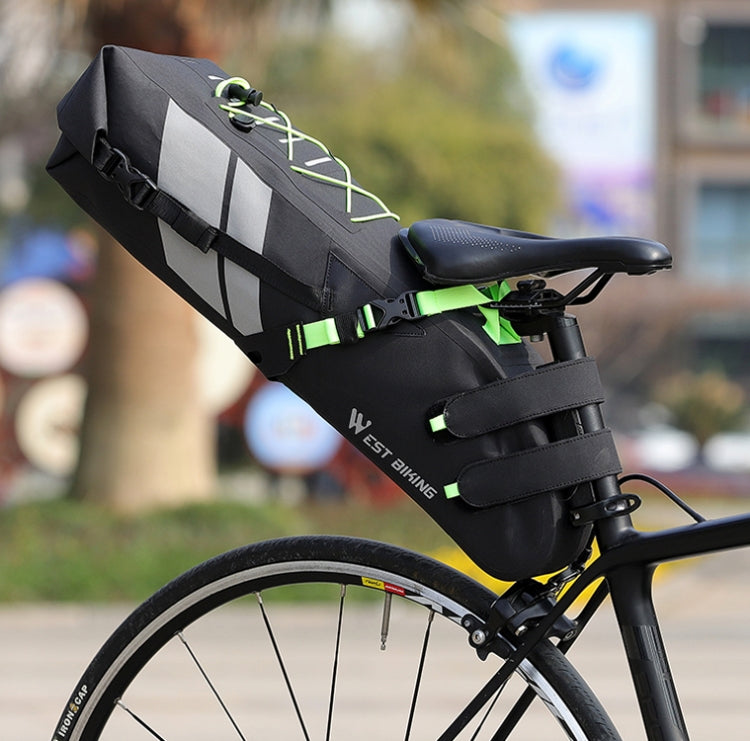 Bicycle rear seat tail bag with reflective green stripes and double buckle straps