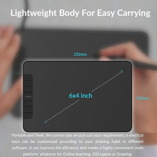 6x4 inch digital drawing tablet front view with on-screen size markings