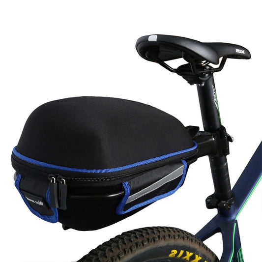 Hard shell bicycle tail bag with blue trim and zip closure, black exterior