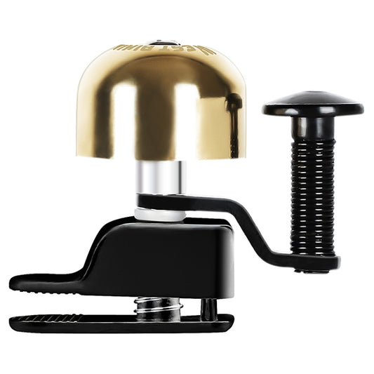 Copper-gold bicycle bell with curved mounting base and ribbed striker