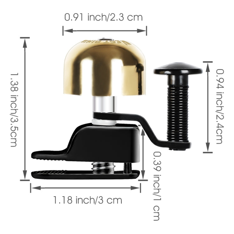 Gold bicycle bell with size measurements, ribbed striker, and mounting base