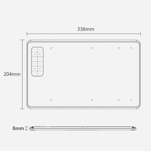 Drawing tablet with rectangular screen and left shortcut panel, front view with size marks