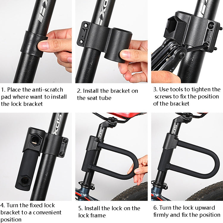 Black U-lock with mounting bracket and installation shown in panels