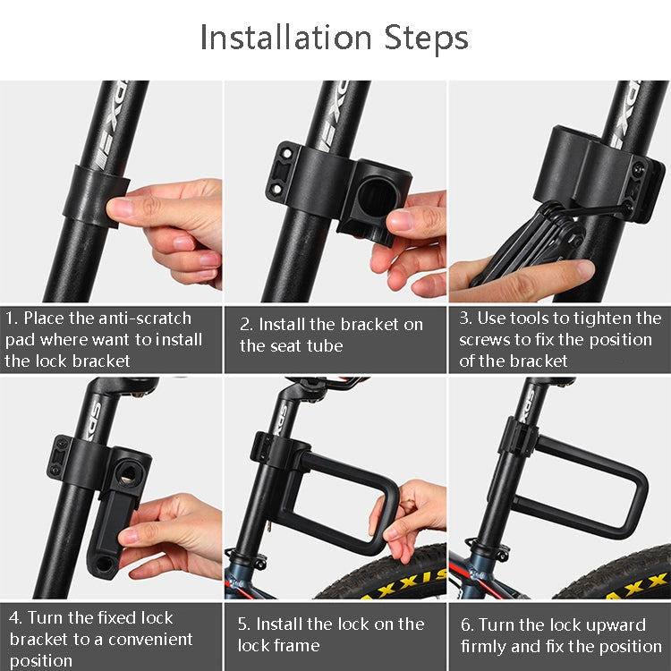 Black mounting bracket for U-lock with installation steps