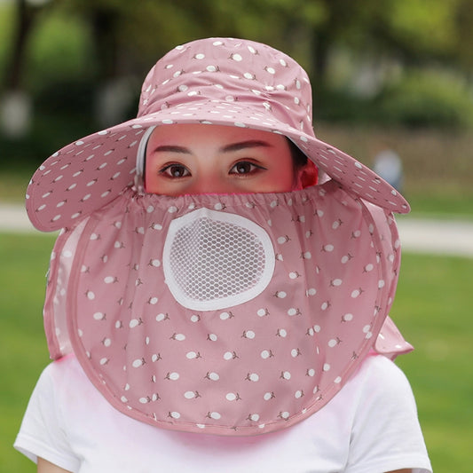 Pink cherry-print sun hat with wide brim and mesh face cover with chin flap