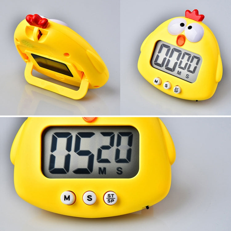 Yellow chicken cartoon electronic timer alarm clock showing open side and LCD display close-up.