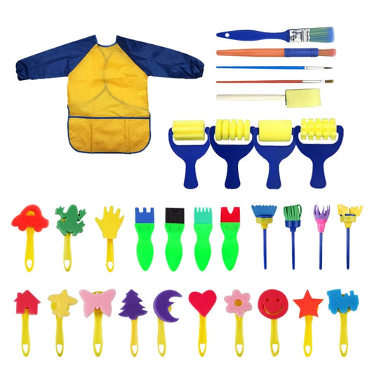 Children’s sponge paint stamp set with blue handles, yellow foam stamps, and paint tools