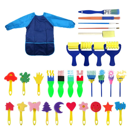 Children’s sponge paint stamp set with blue handles, blue and multicolor foam stamp shapes