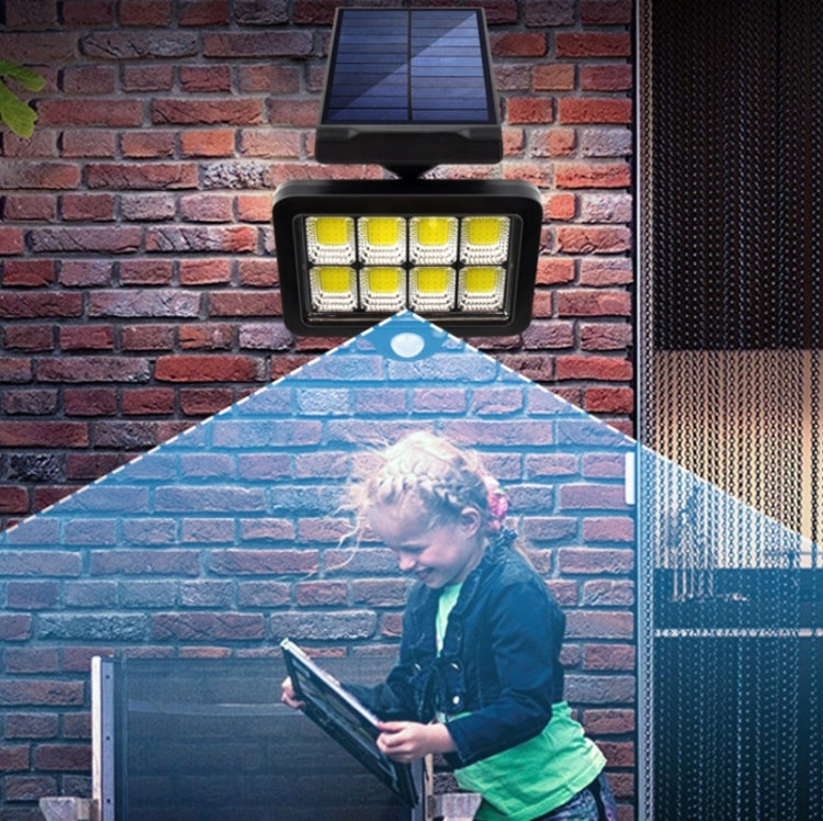 Solar-powered wall light with rectangular LED array and solar panel, motion sensor, black