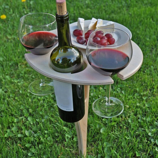 Wooden wine rack insert with round top holding two wine glasses and a bottle