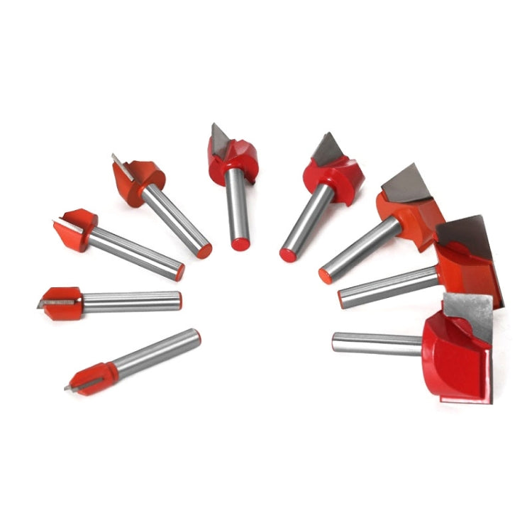 Assorted CNC woodworking cutter bits with red carbide inserts and silver metal shanks