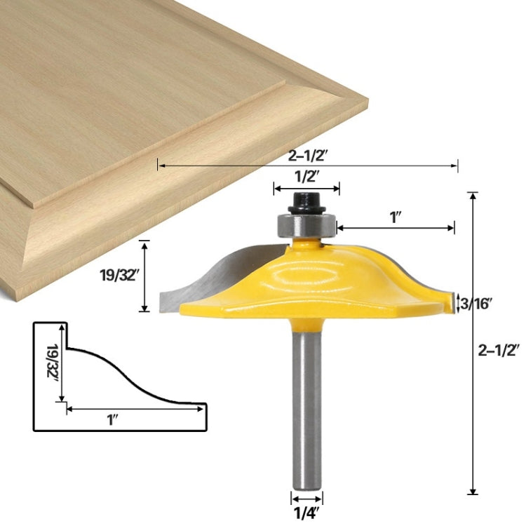 Yellow mortise joint cutter with carbide blades and dimension chart for 1/4 shank