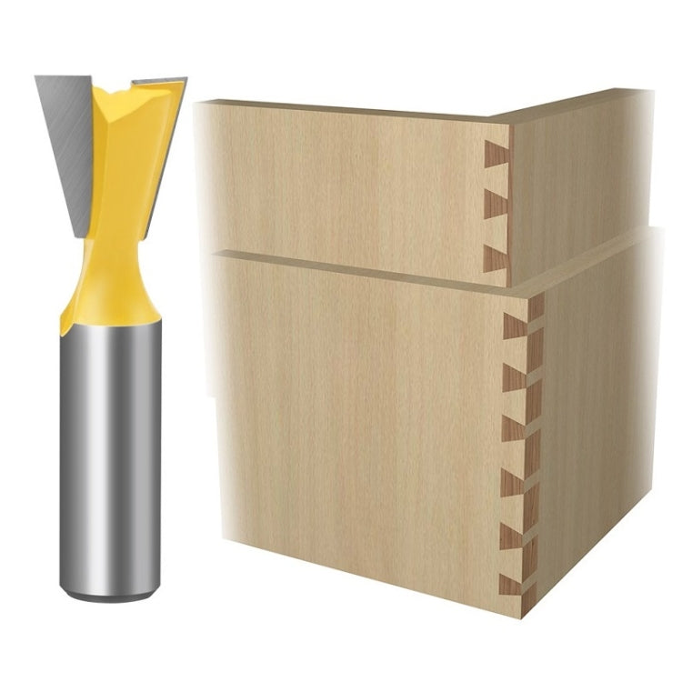 Dovetail wood milling cutter next to dovetail joint wood pieces