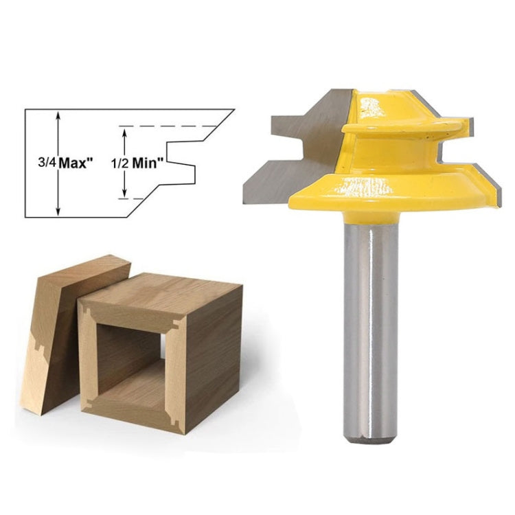 45-degree tenon cutter with wood box tenon joint sample and max/min guide diagram