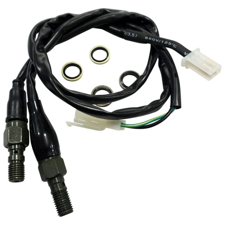 Motorcycle disc brake hydraulic switch line with M10 plugs, white connectors, and O-ring seals