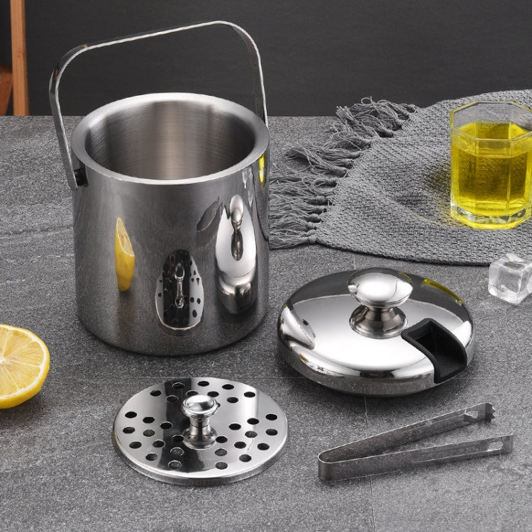 Stainless steel ice bucket with removable ice base, lid, and ice clip for serving