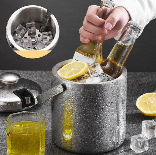 304 Stainless Steel Ice Bucket Double-Layer Hollow Bar Beer Wine Barrel With Ice Clip, Capacity: 1.3L, 1.3L With Ice Clip