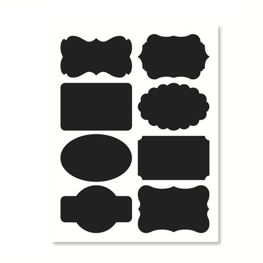 Sheet of black chalkboard label stickers in assorted shapes: rounded, oval, and tabs
