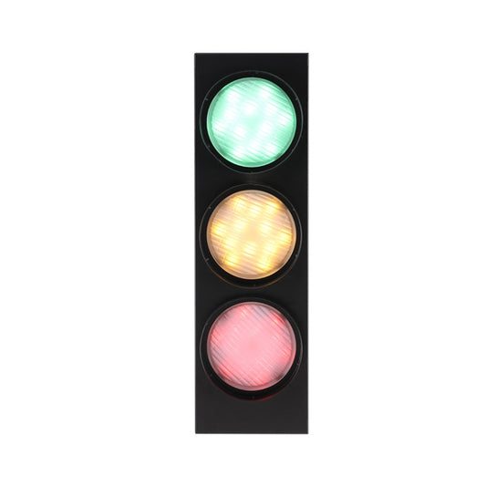 Black rectangular traffic light wall light with green, amber, and red round glass lenses