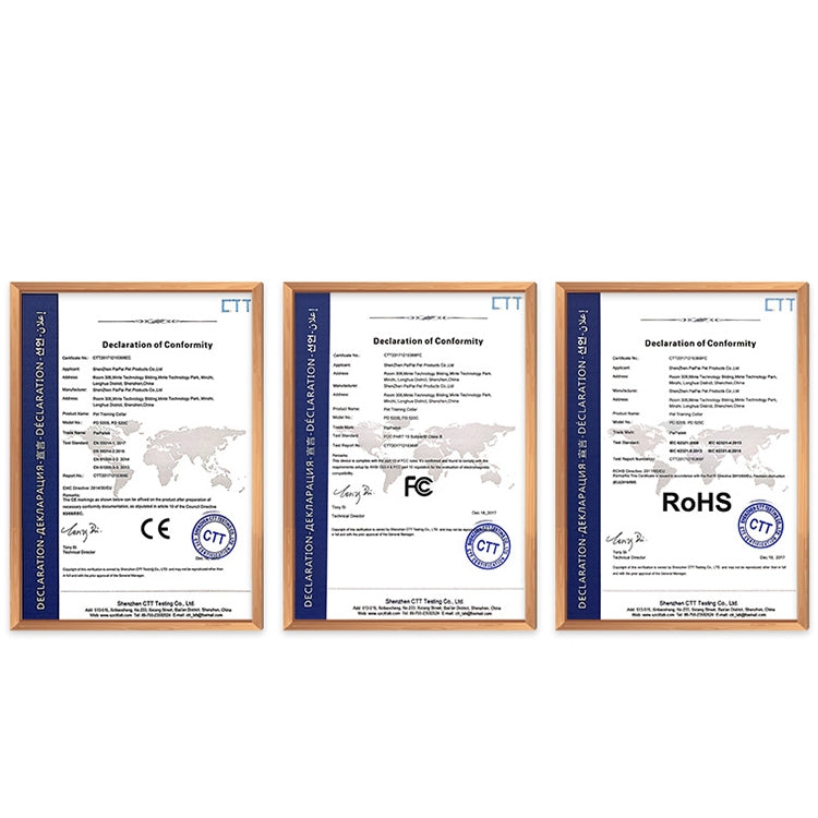 Three framed declaration of conformity documents with certification seals and labels