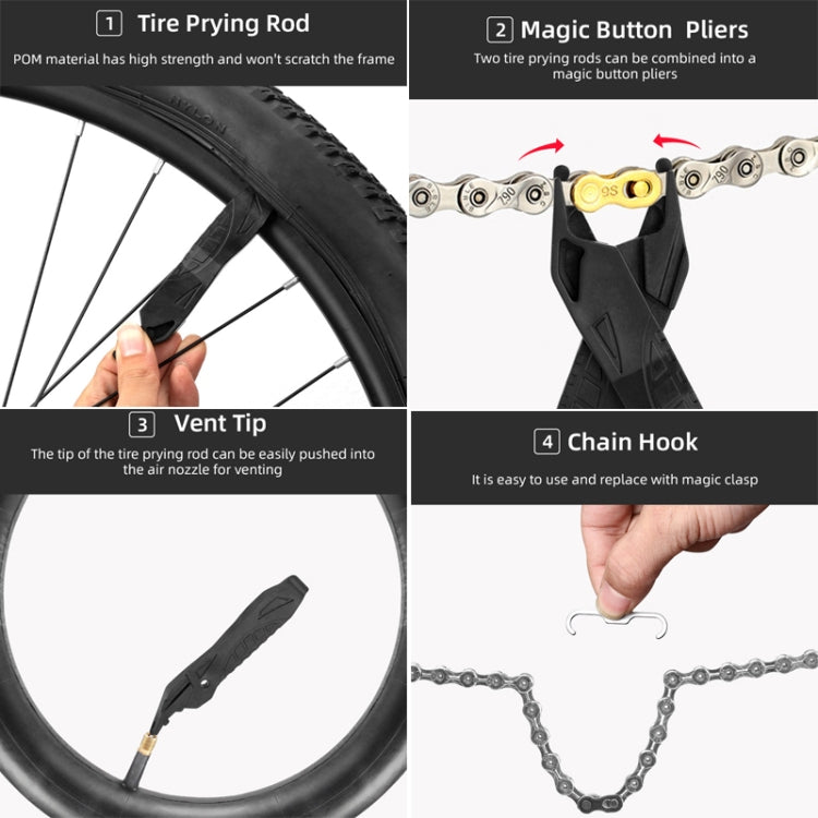 Black multi-function bicycle tire tool with prying rod, pliers, vent tip, chain hook