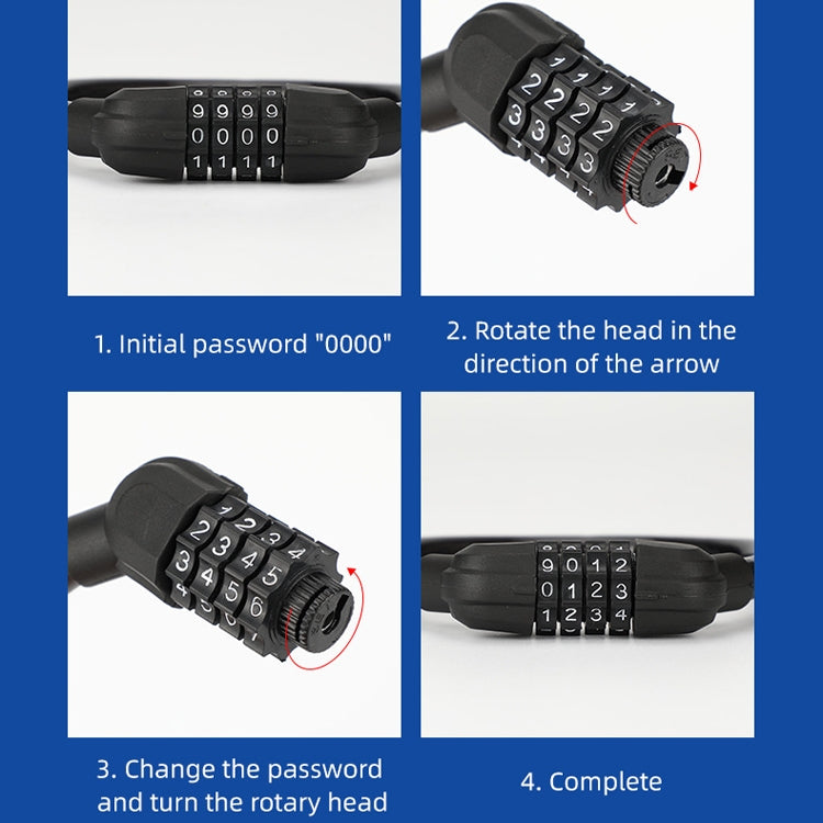 Black ring cable lock with rotating head and four-digit combination dial