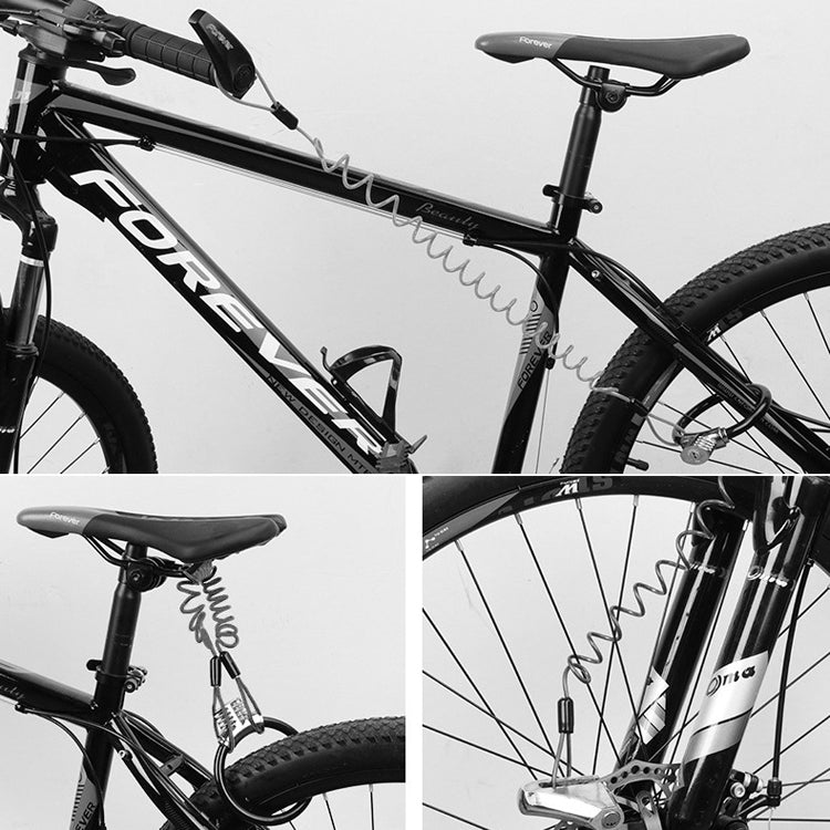 Spring wire rope lock attached to a bicycle frame near the front and seat