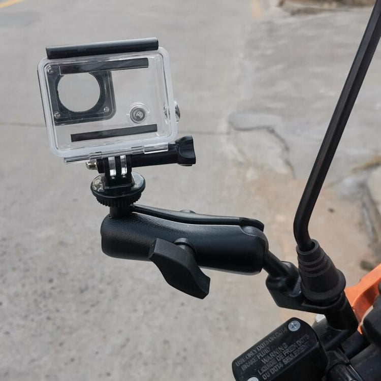 Motorcycle action camera holder with black clamp and ball head on handlebar