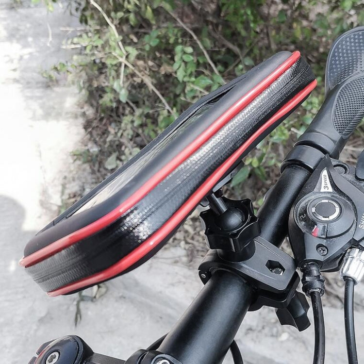 Waterproof black-and-red bicycle phone bag mounted on handlebar with bracket