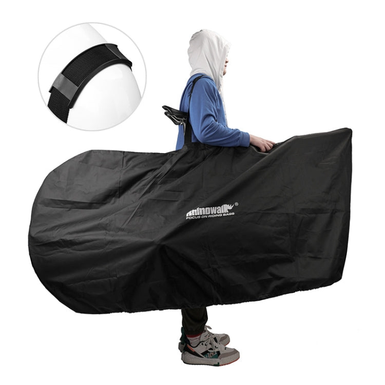 Black bike storage bag cover with top vent and carry strap, covering a bike