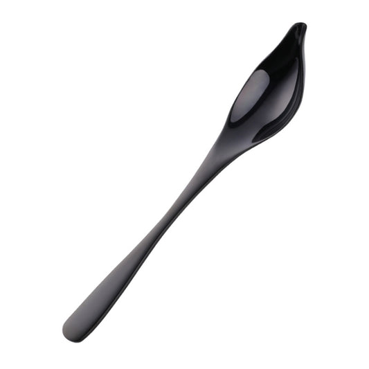 Black stainless steel oil spoon with wide oval tip for seasoning and pouring.