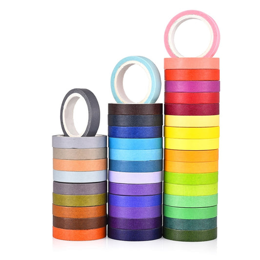 Rainbow masking tape set with many multicolor rolls, assorted widths and bright colors